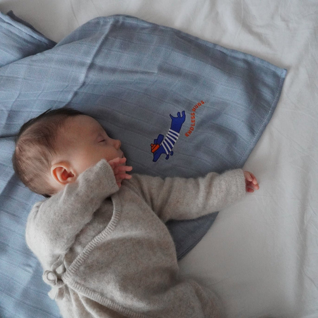 Endless Hugs - Großes Bambus Spucktuch mit blauen Puppy