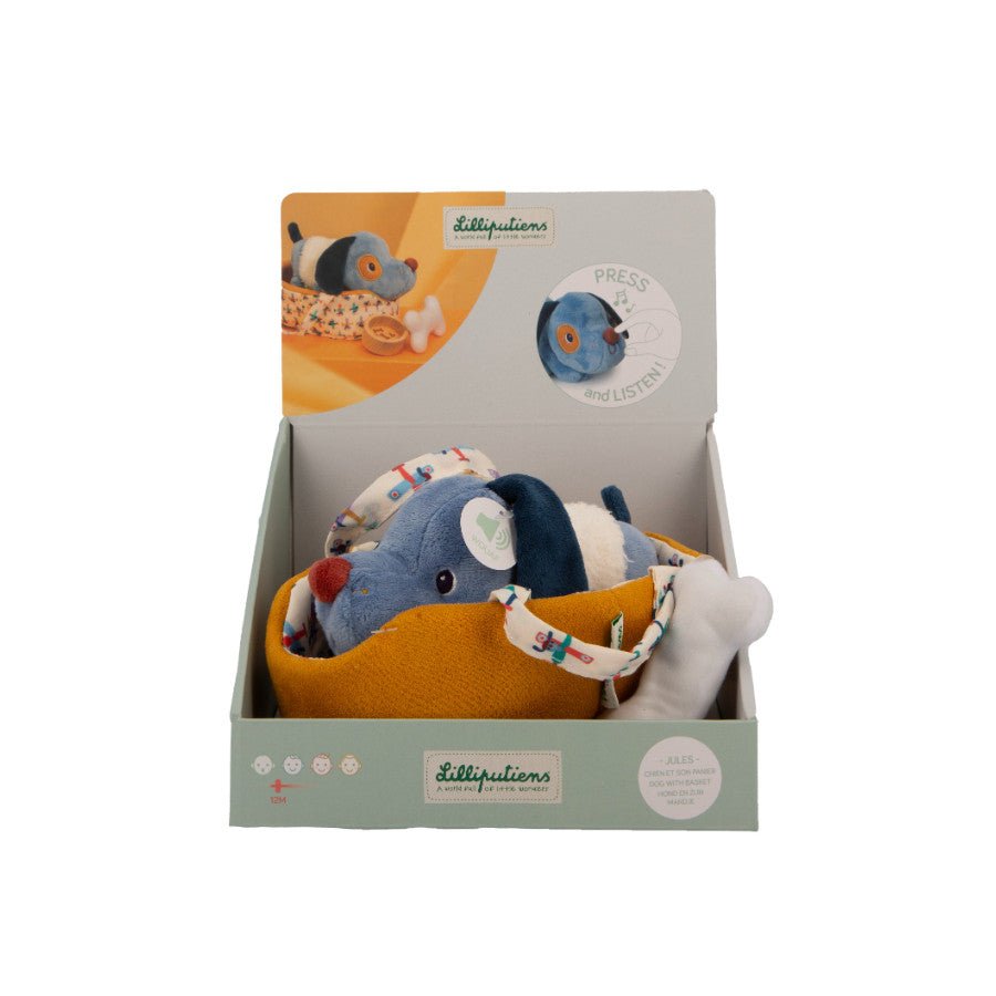 Kuscheltier Hund Jules mit Korb & Zubehör – Lilliputiens - Little Baby Pocket