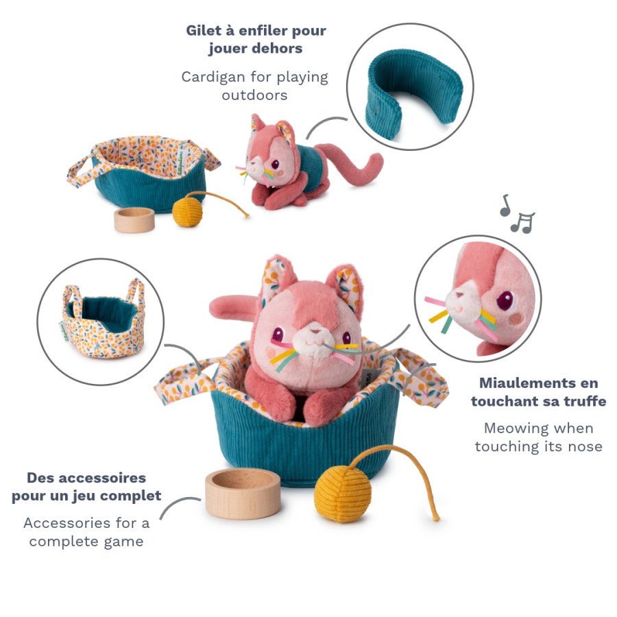 Kuscheltier Katze Jeanne mit Korb & Zubehör – Lilliputiens - Little Baby Pocket