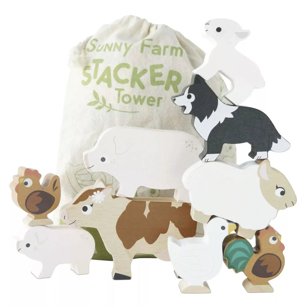 Stapelspiel Bauernhof – 9 Holztier - Figuren mit Stofftasche - Little Baby Pocket