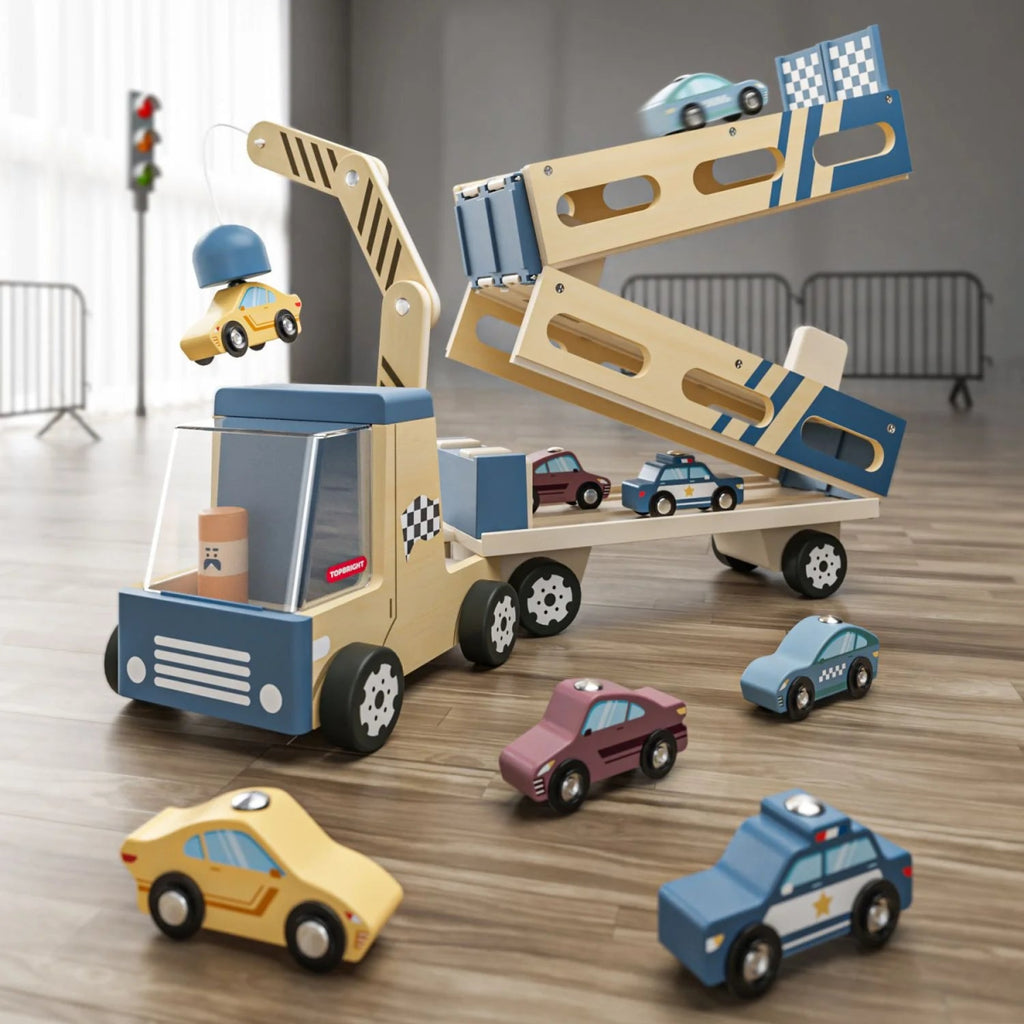 Topbright Holz Auto Transporter & Rennbahn mit 8 Autos - Little Baby Pocket