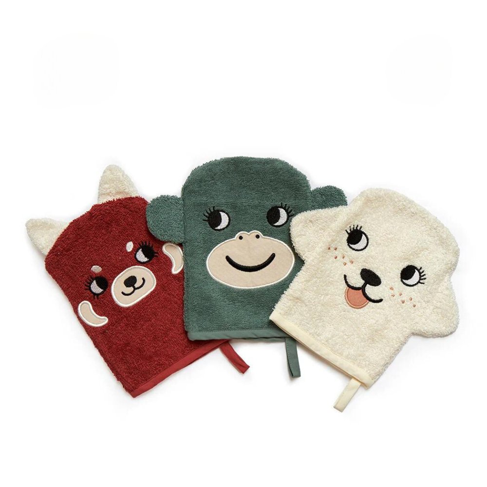 Waschlappen "Red Panda, Dog, Monkey" 3er Pack - Little Baby Pocket