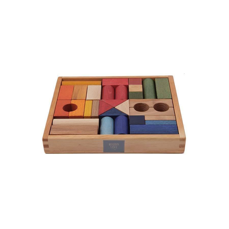 Holzbauklötze "Regenbogenfarben" 30 Teile mit Holzkasten - Little Baby Pocket