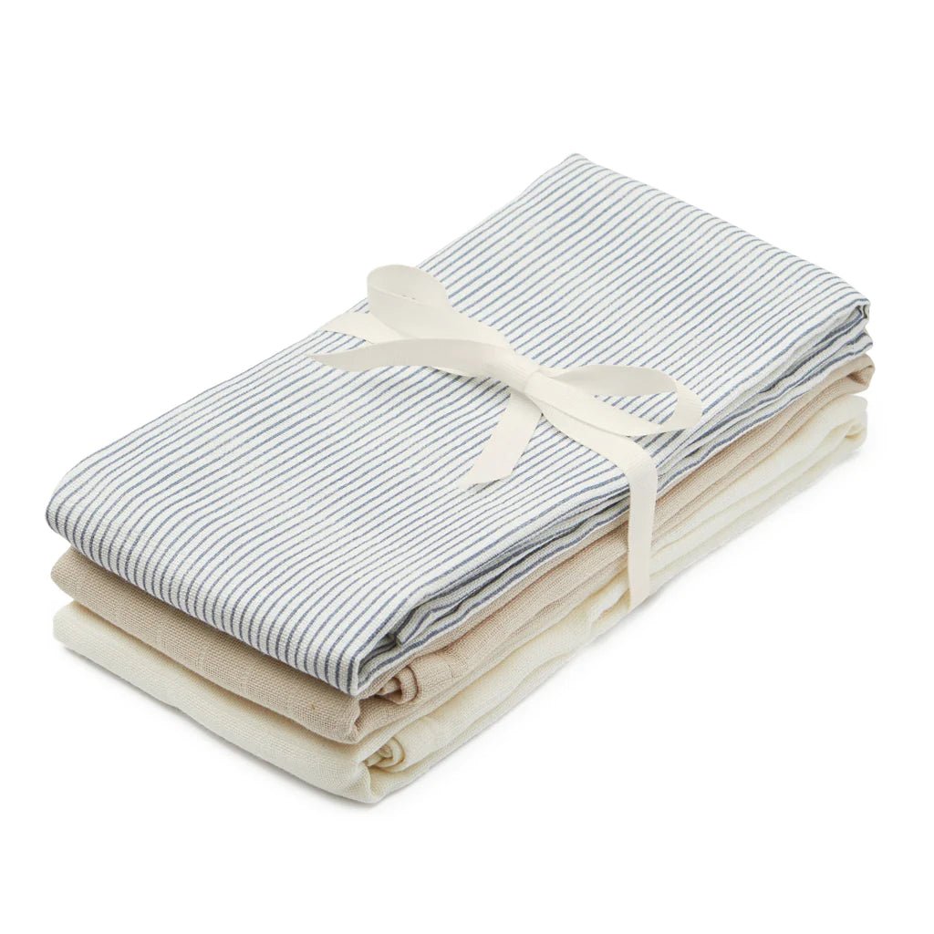Mulltücher "Stripes Blue, Praline, Creme white" 3er Pack - Little Baby Pocket