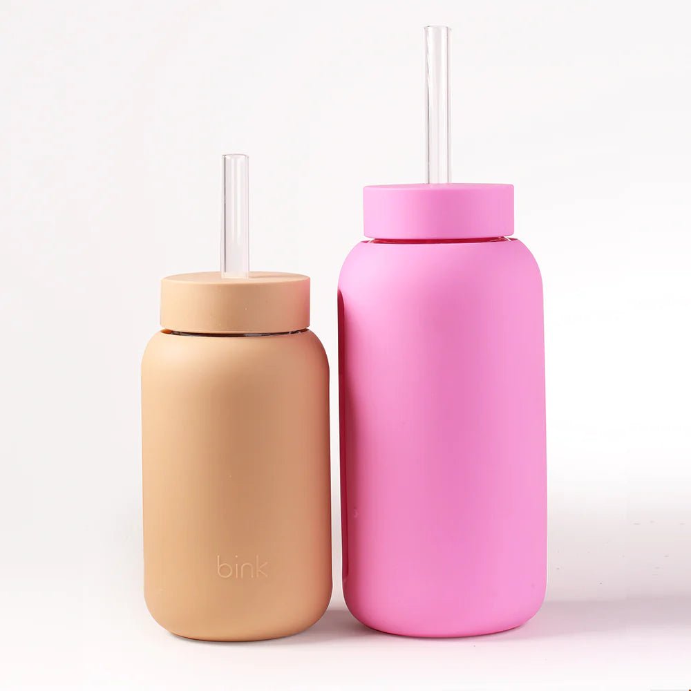 Glas-Wasserflasche Mit Zeitmarkierung & Strohhalm – 907 Ml, Inkl. Silikonhülle & Fruchteinsatz